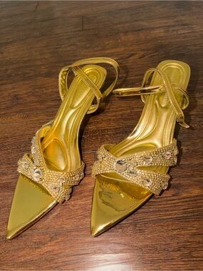 Azalea Wang Ziva Rhinestone Ankle Strap Sandal with Low Heel - Women’s Size 9